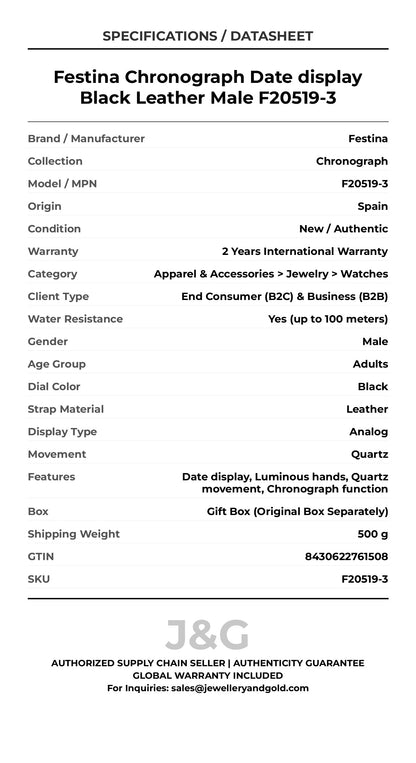 Festina Chronograph Date display Black Leather Male F20519-3 - Specifications
