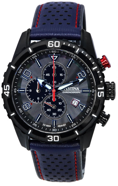 Festina Chronograph Date display Black Leather Male F20519-3. A brand-new Festina Chronograph watch featuring a Black dial and a Leather strap. Angled view.