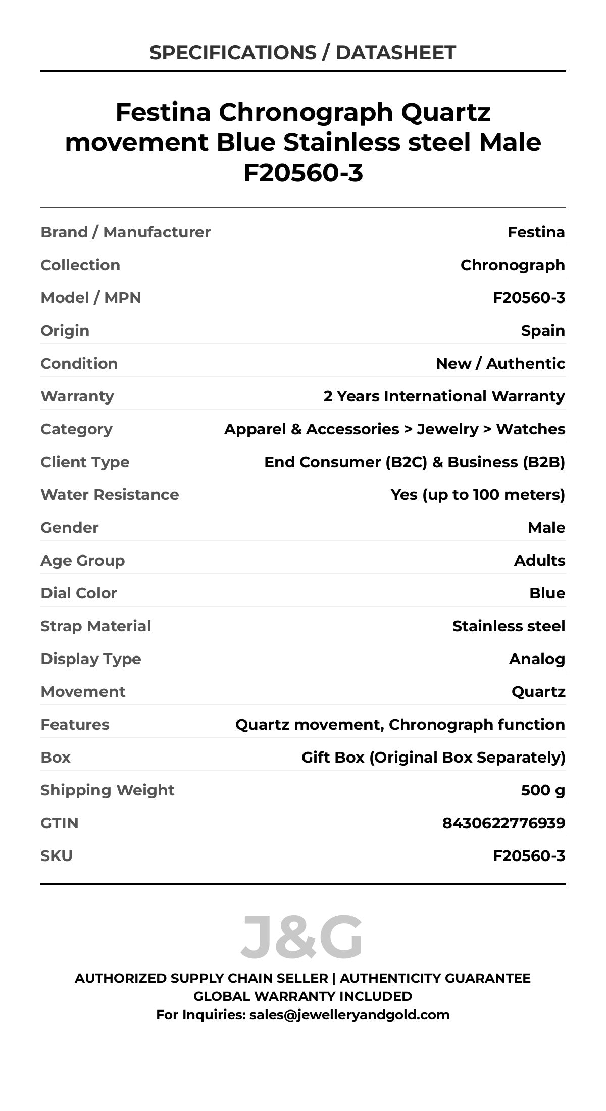 Festina Chronograph Quartz movement Blue Stainless steel Male F20560-3 - Specifications