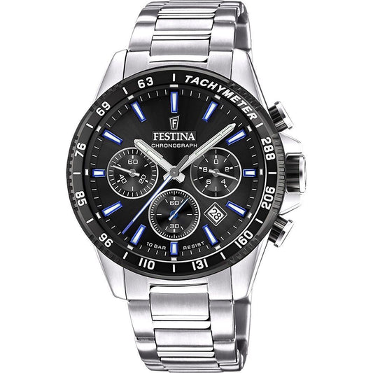 Festina Chronograph Quartz movement Black Stainless steel Male F20560-5. A brand-new Festina Chronograph watch featuring a Black dial and a Stainless steel strap. Front view.