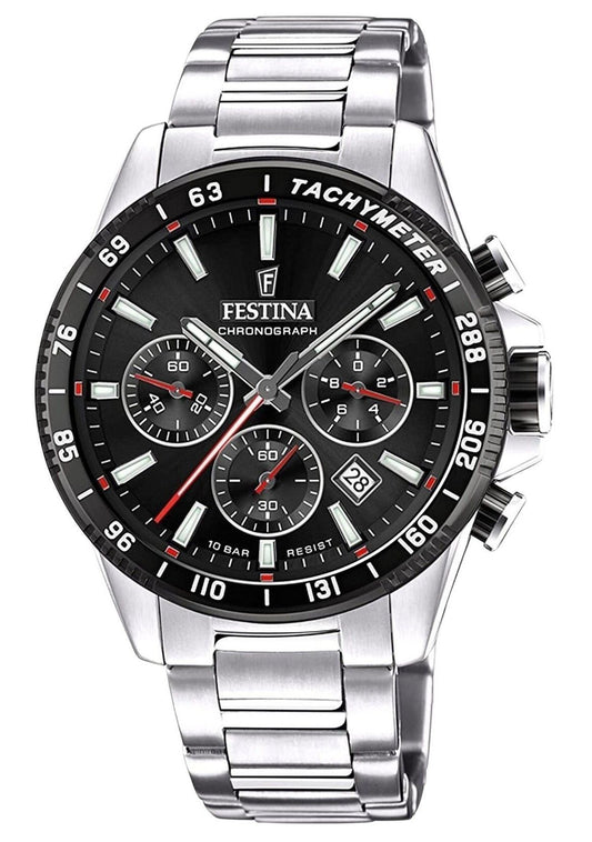 Festina Chronograph Quartz movement Black Stainless steel Male F20560-6. A brand-new Festina Chronograph watch featuring a Black dial and a Stainless steel strap. Front view.