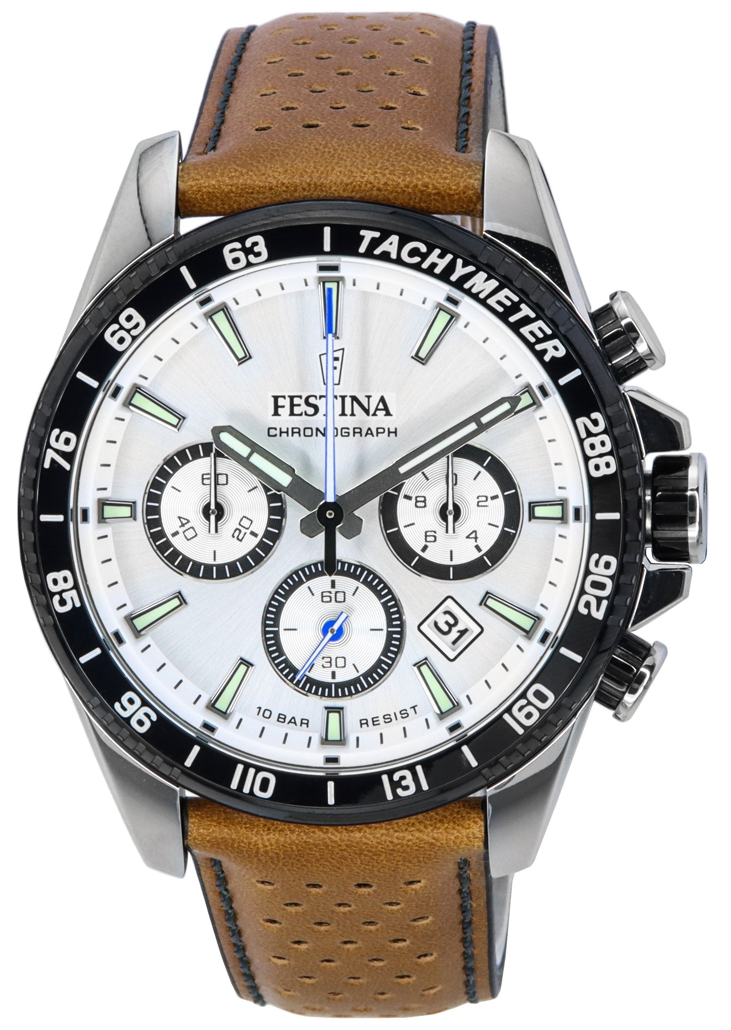 Festina Chronograph Date display White Leather Male F20561-1. A brand-new Festina Chronograph watch featuring a White dial and a Leather strap. Side view.