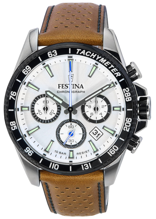 Festina Chronograph Date display White Leather Male F20561-1. A brand-new Festina Chronograph watch featuring a White dial and a Leather strap. Side view.