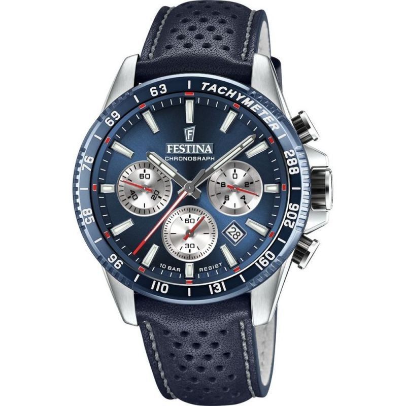 Festina Chronograph Quartz movement Blue Leather Male F20561-2. A brand-new Festina Chronograph watch featuring a Blue dial and a Leather strap. Side view.