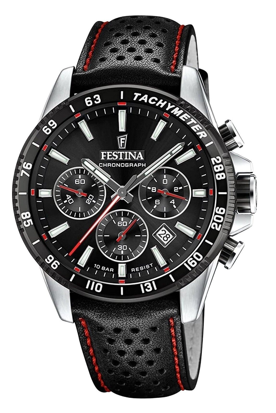 Festina Chronograph Quartz movement Black Leather Male F20561-4. A brand-new Festina Chronograph watch featuring a Black dial and a Leather strap. Angled view.