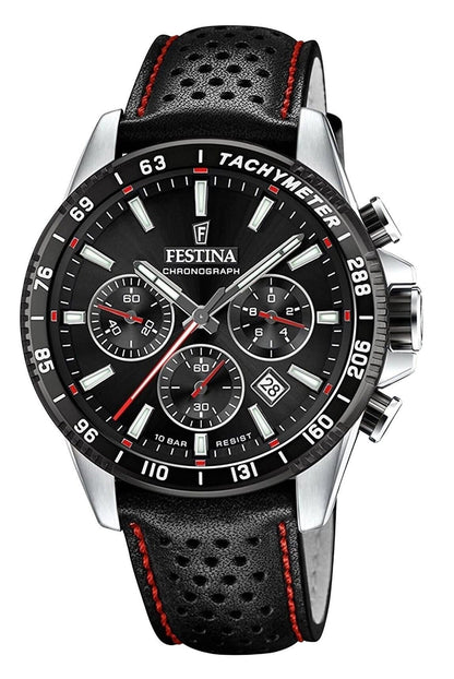 Festina Chronograph Quartz movement Black Leather Male F20561-4. A brand-new Festina Chronograph watch featuring a Black dial and a Leather strap. Angled view.