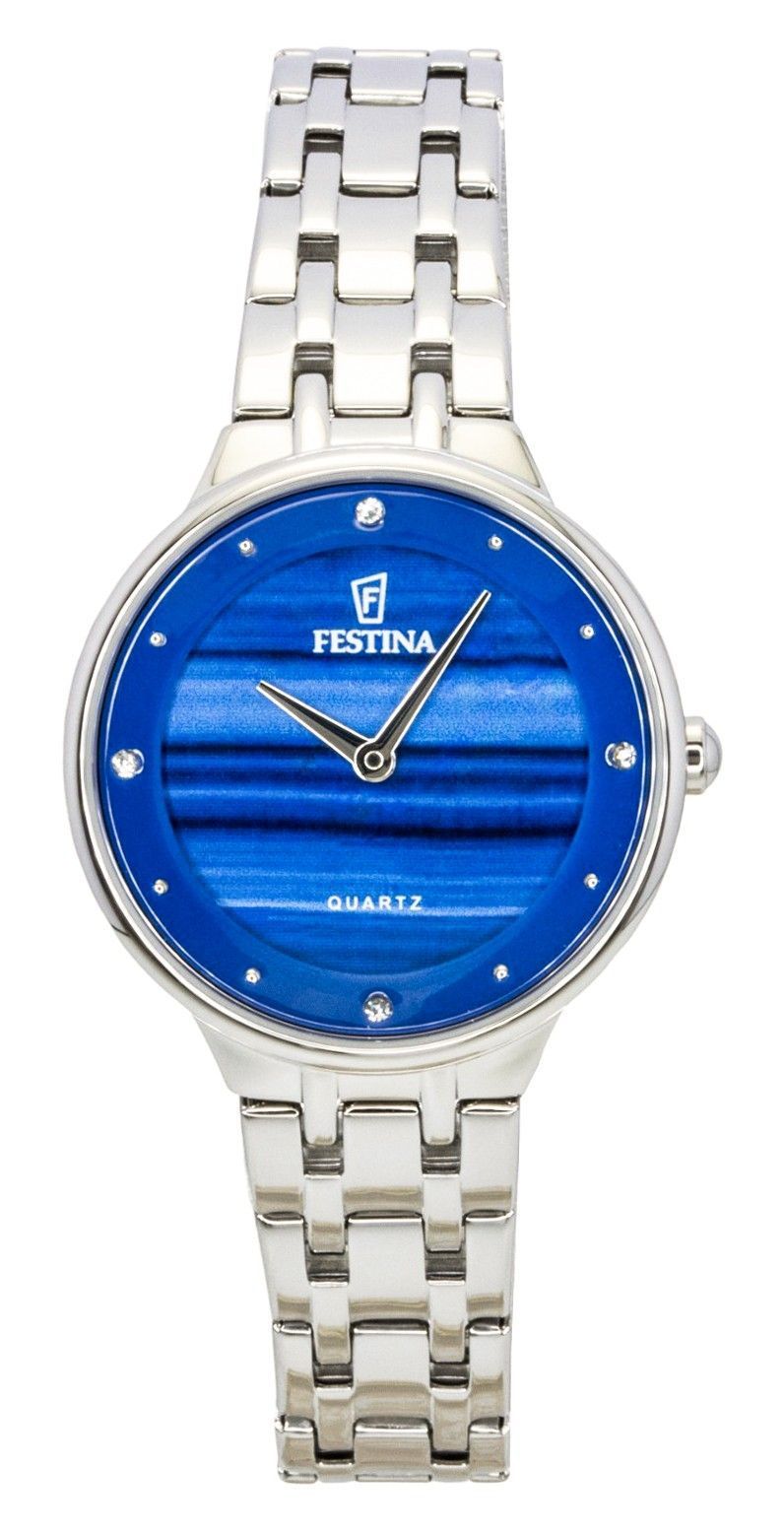 Festina Quartz movement Blue Stainless steel Female F20600-A. A brand-new Festina watch featuring a Blue dial and a Stainless steel strap. Side view.