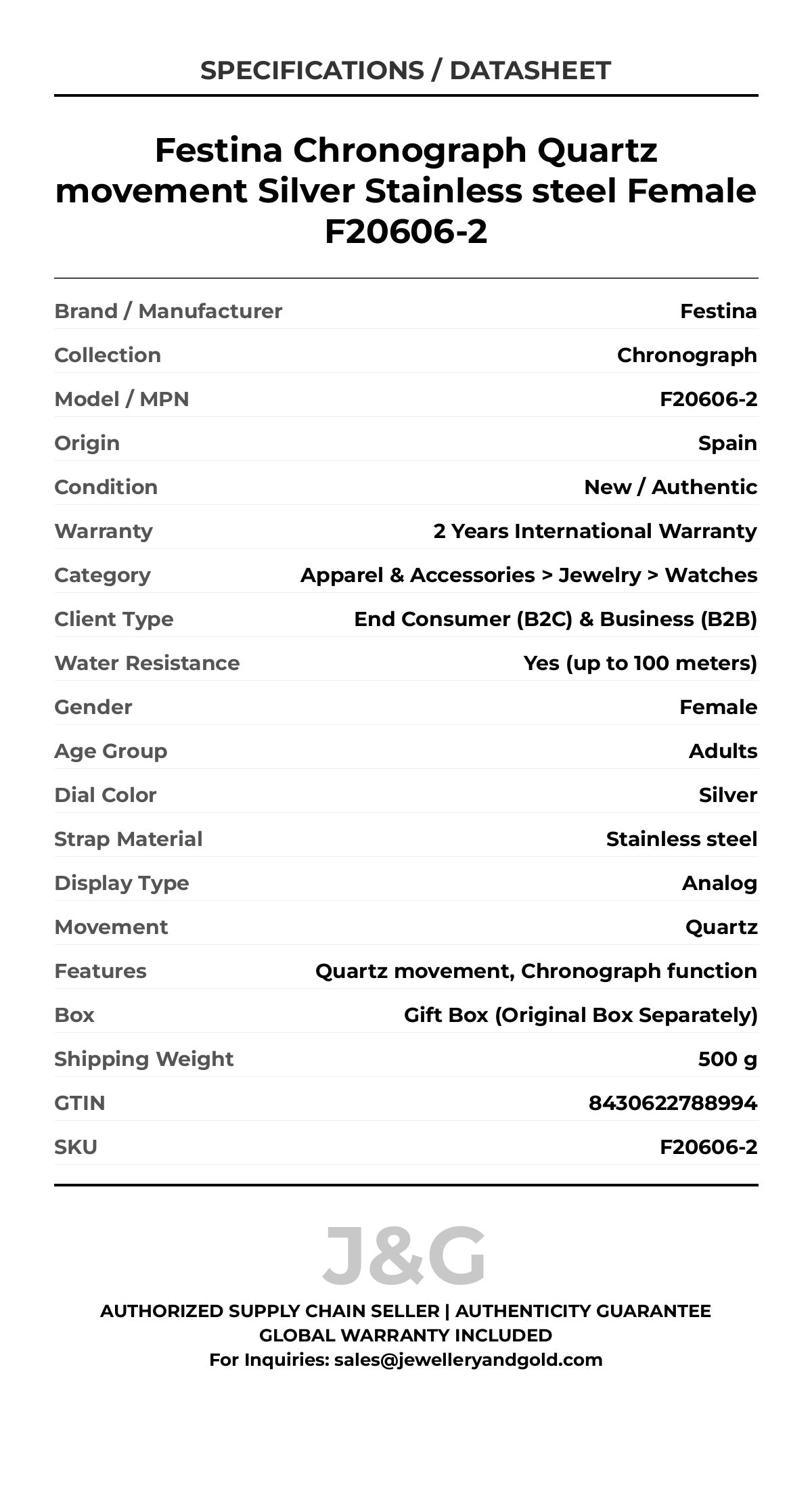Festina Chronograph Quartz movement Silver Stainless steel Female F20606-2 - Specifications