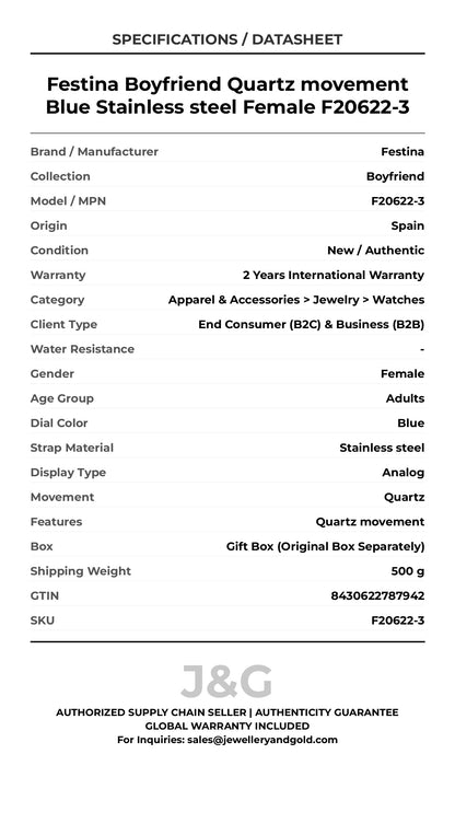 Festina Boyfriend Quartz movement Blue Stainless steel Female F20622-3 - Specifications