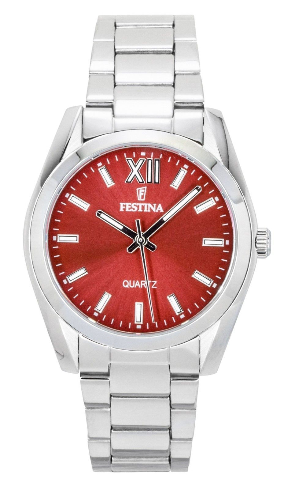 Festina Alegria Quartz movement Red Stainless steel Female F20622-B. A brand-new Festina Alegria watch featuring a Red dial and a Stainless steel strap. Side view.