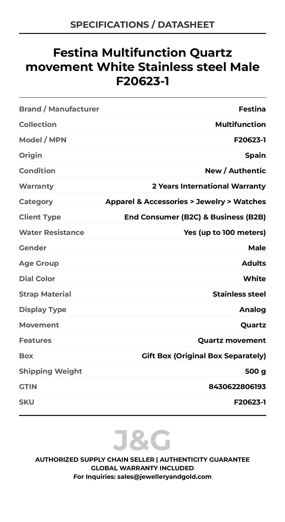 Festina Multifunction Quartz movement White Stainless steel Male F20623-1 - Specifications