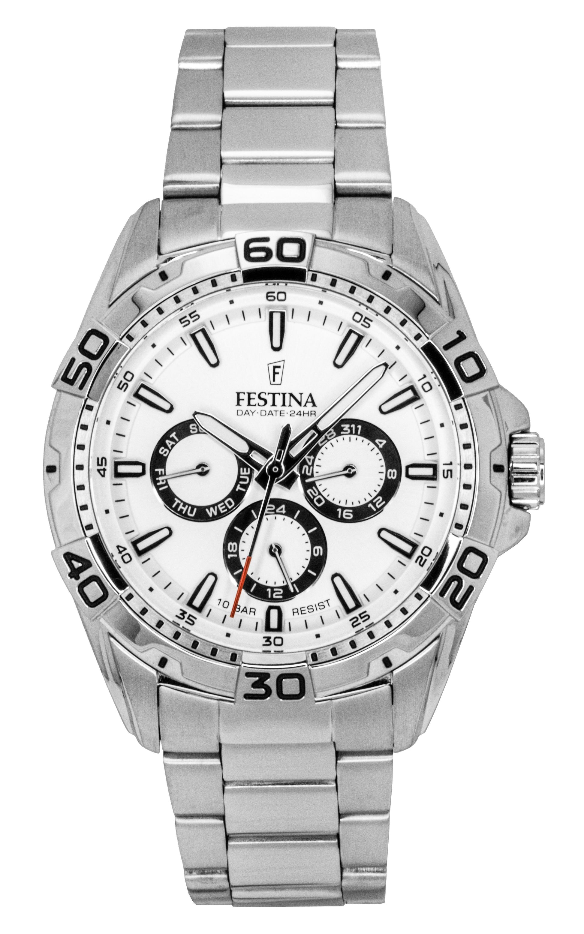 Festina Multifunction Quartz movement White Stainless steel Male F20623-1. A brand-new Festina Multifunction watch featuring a White dial and a Stainless steel strap. Side view.