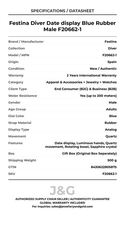 Festina Diver Date display Blue Rubber Male F20662-1 - Specifications