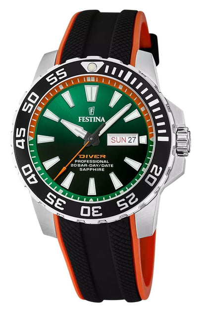 Festina The Originals Quartz movement Green Rubber Male F20662-2. A brand-new Festina The Originals watch featuring a Green dial and a Rubber strap. Front view.