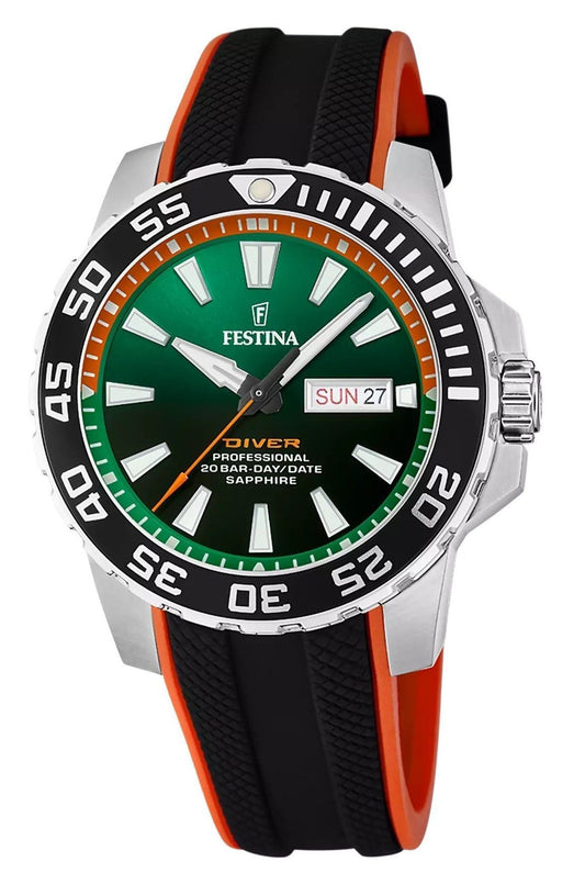 Festina The Originals Quartz movement Green Rubber Male F20662-2. A brand-new Festina The Originals watch featuring a Green dial and a Rubber strap. Front view.