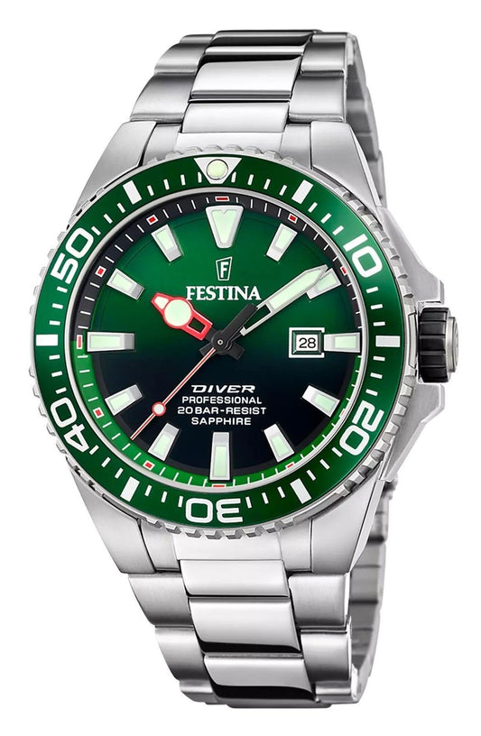 Festina The Originals Quartz movement Green Stainless steel Male F20663-2. A brand-new Festina The Originals watch featuring a Green dial and a Stainless steel strap. Side view.