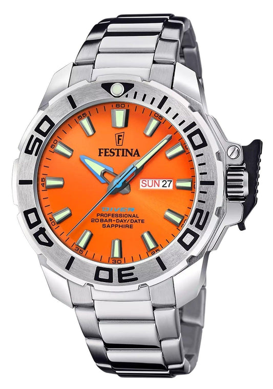 Festina The Originals Quartz movement Orange Stainless steel Male F20665-5. A brand-new Festina The Originals watch featuring a Orange dial and a Stainless steel strap. Angled view.