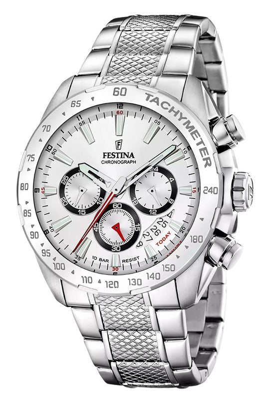 Festina Chronograph Quartz movement White Stainless steel Male F20668-1. A brand-new Festina Chronograph watch featuring a White dial and a Stainless steel strap. Angled view.