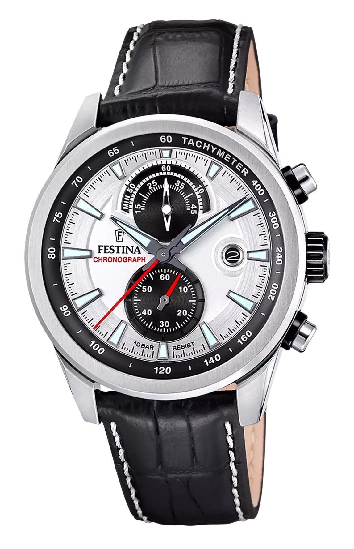 Festina Chronograph Quartz movement Silver Leather Male F20695-1. A brand-new Festina Chronograph watch featuring a Silver dial and a Leather strap. Angled view.