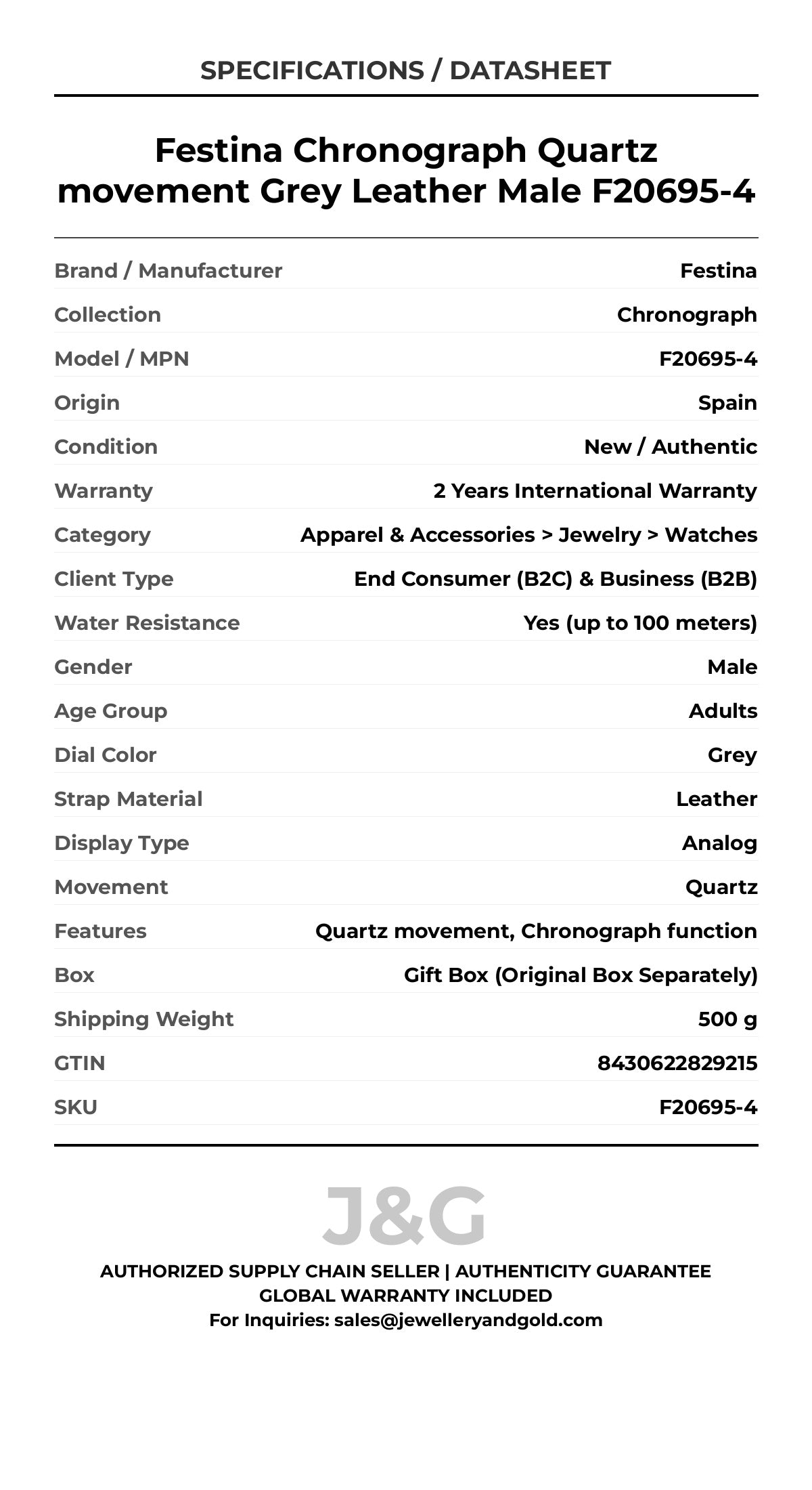 Festina Chronograph Quartz movement Grey Leather Male F20695-4 - Specifications