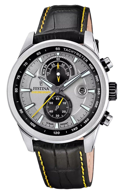 Festina Chronograph Quartz movement Grey Leather Male F20695-4. A brand-new Festina Chronograph watch featuring a Grey dial and a Leather strap. Side view.