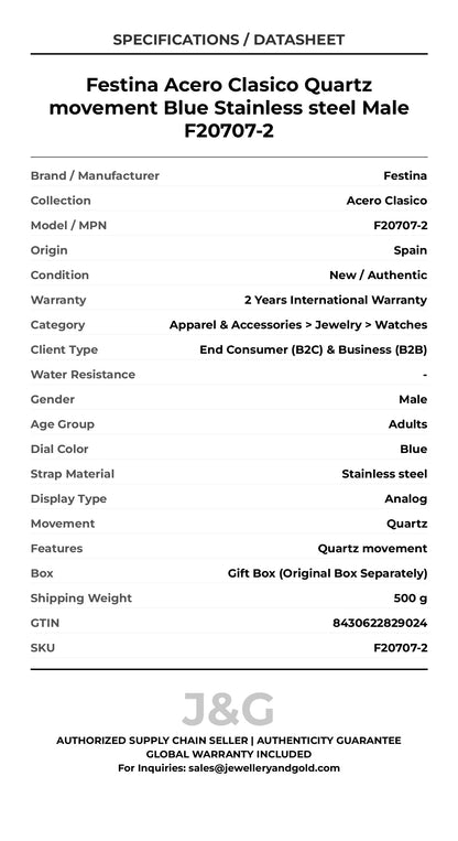 Festina Acero Clasico Quartz movement Blue Stainless steel Male F20707-2 - Specifications