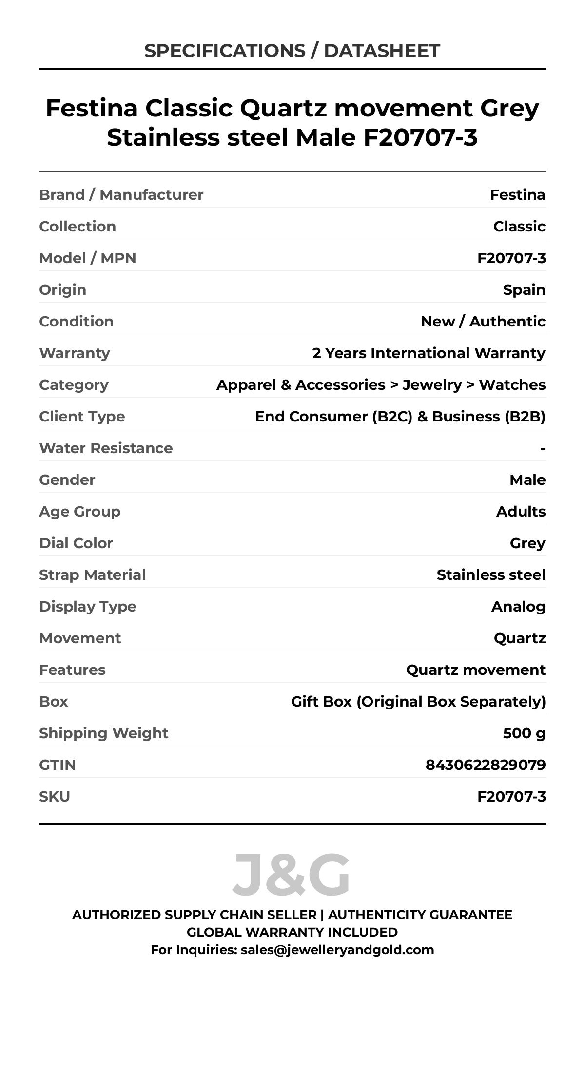 Festina Classic Quartz movement Grey Stainless steel Male F20707-3 - Specifications