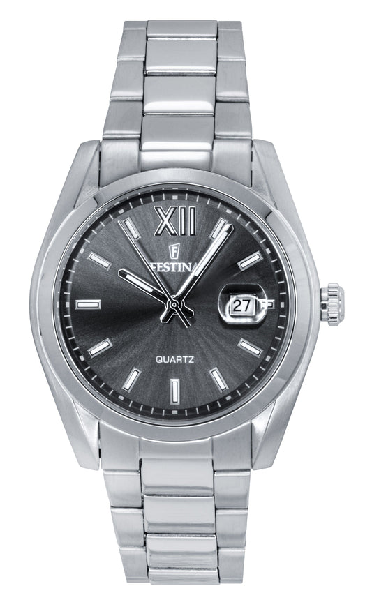 Festina Classic Quartz movement Grey Stainless steel Male F20707-3. A brand-new Festina Classic watch featuring a Grey dial and a Stainless steel strap. Angled view.