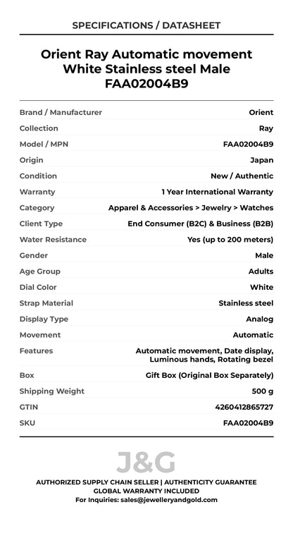 Orient Ray Automatic movement White Stainless steel Male FAA02004B9 - Specifications