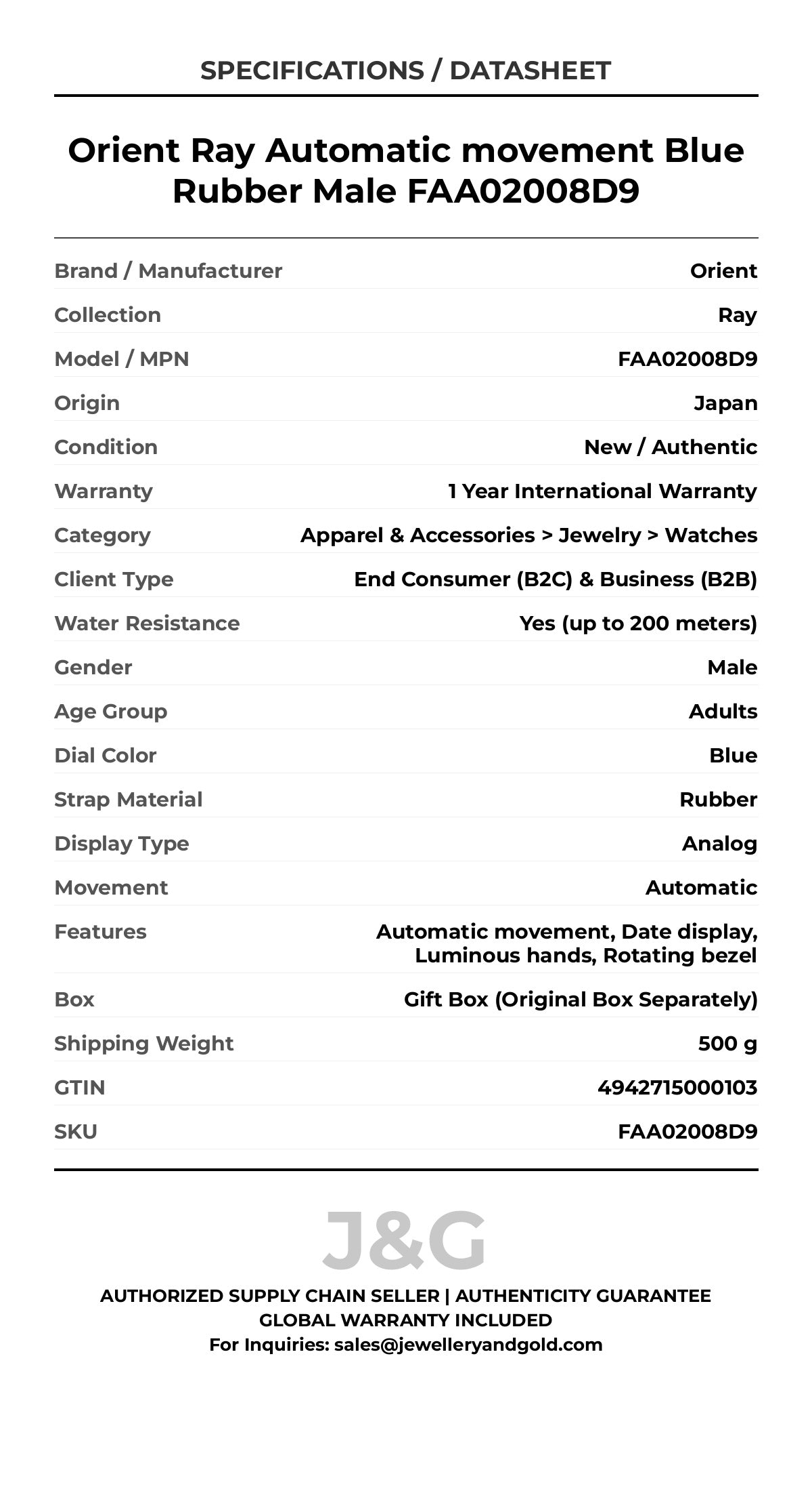 Orient Ray Automatic movement Blue Rubber Male FAA02008D9 - Specifications