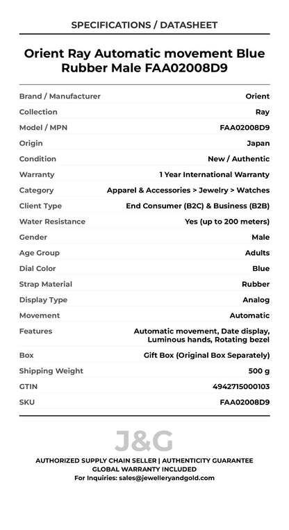 Orient Ray Automatic movement Blue Rubber Male FAA02008D9 - Specifications