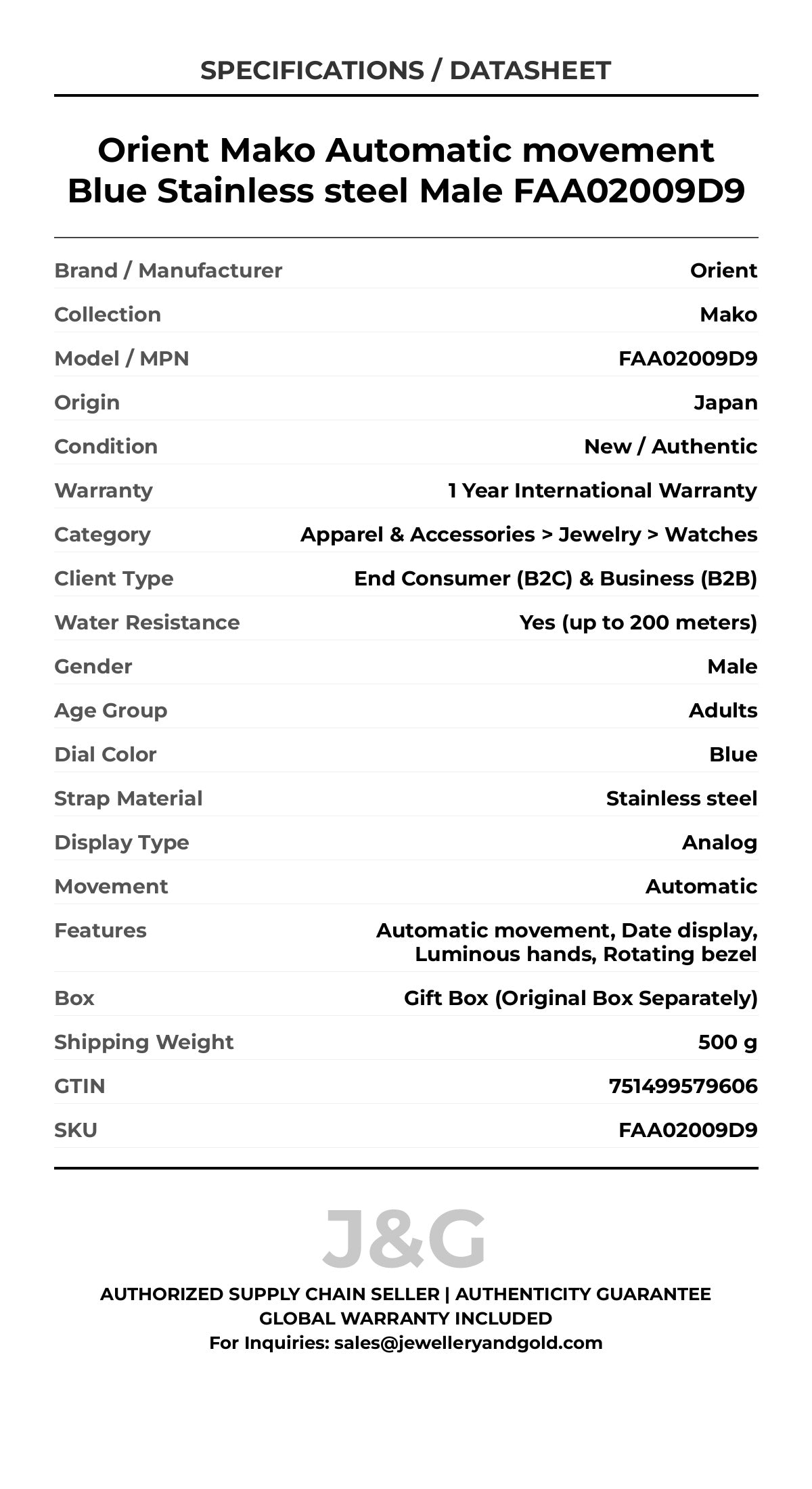Orient Mako Automatic movement Blue Stainless steel Male FAA02009D9 - Specifications