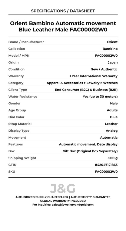 Orient Bambino Automatic movement Blue Leather Male FAC00002W0 - Specifications