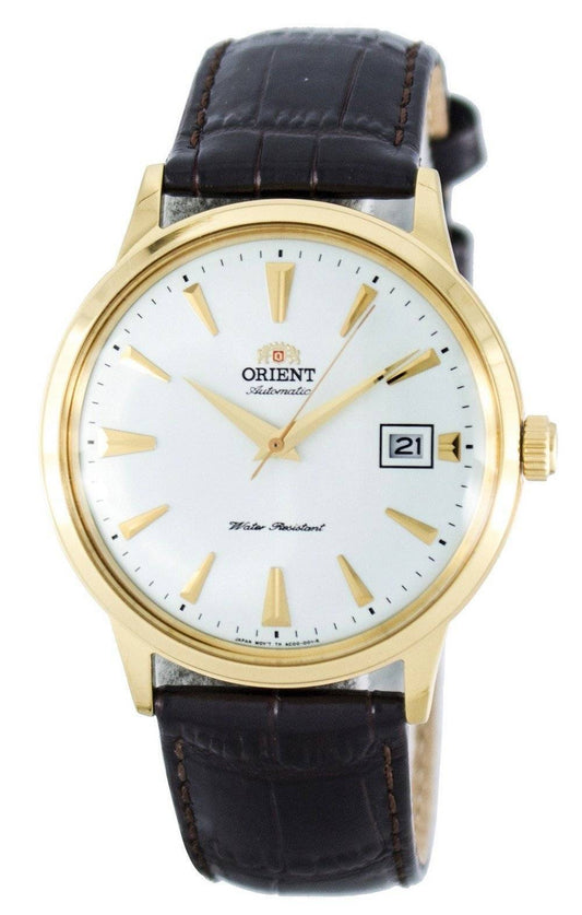 Orient Bambino Automatic movement White Leather Male FAC00003W0. A brand-new Orient Bambino watch featuring a White dial and a Leather strap. Front view.