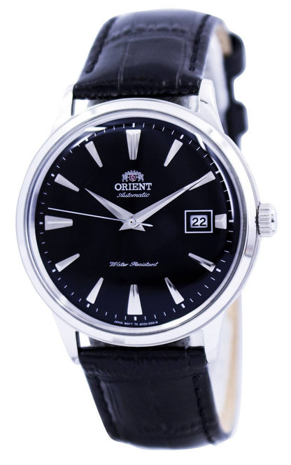 Orient Bambino Automatic movement Black Leather Male FAC00004B0. A brand-new Orient Bambino watch featuring a Black dial and a Leather strap. Angled view.