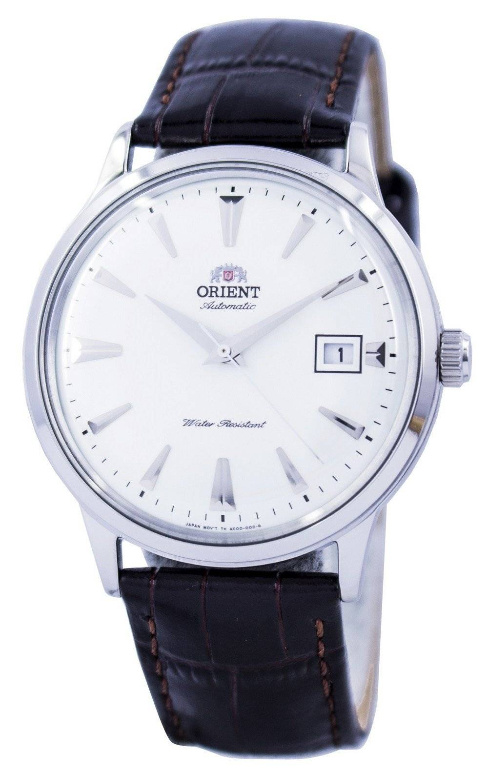 Orient Bambino Automatic movement White Leather Male FAC00005W0. A brand-new Orient Bambino watch featuring a White dial and a Leather strap. Angled view.