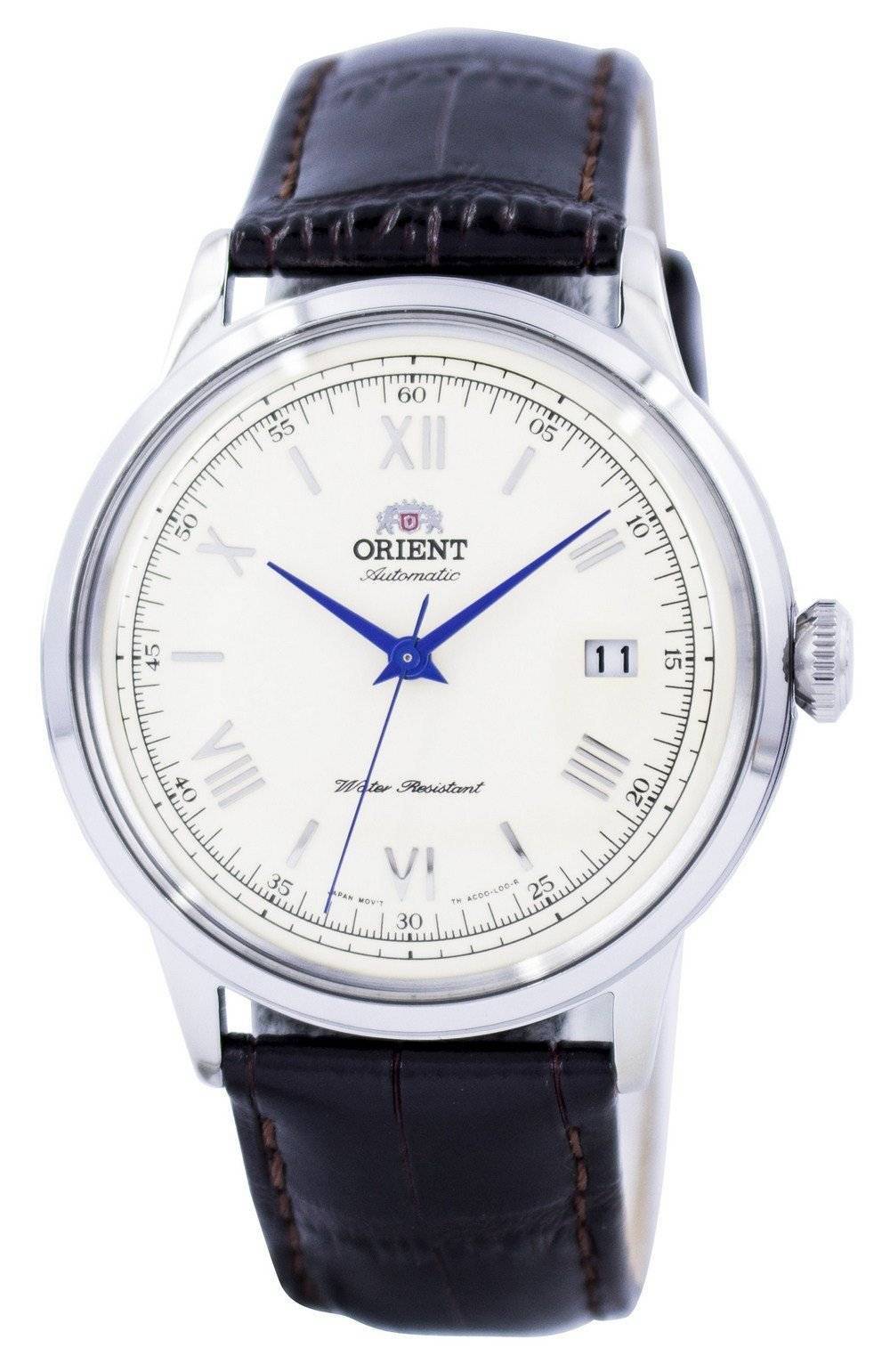 Orient Bambino Automatic movement Blue Leather Male FAC00009N0. A brand-new Orient Bambino watch featuring a Blue dial and a Leather strap. Angled view.