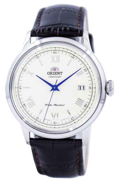Orient Bambino Automatic movement Blue Leather Male FAC00009N0. A brand-new Orient Bambino watch featuring a Blue dial and a Leather strap. Angled view.