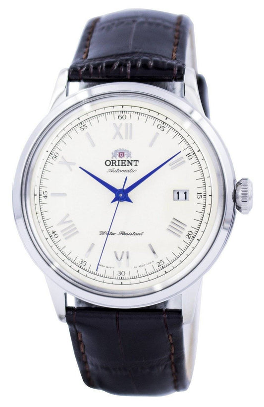 Orient Bambino Automatic movement Blue Leather Male FAC00009N0. A brand-new Orient Bambino watch featuring a Blue dial and a Leather strap. Angled view.