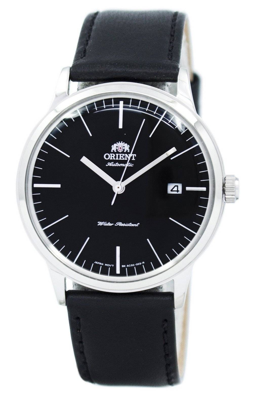 Orient Bambino Automatic movement Black Leather Male FAC0000DB0. A brand-new Orient Bambino watch featuring a Black dial and a Leather strap. Side view.