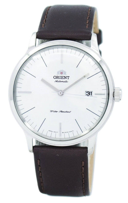 Orient Bambino Automatic movement Blue Leather Male FAC0000EW0. A brand-new Orient Bambino watch featuring a Blue dial and a Leather strap. Side view.
