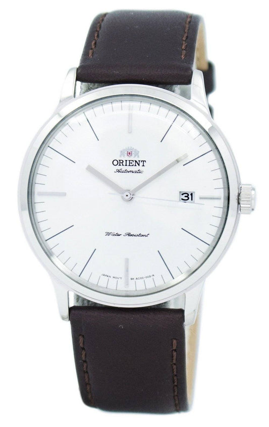 Orient Bambino Automatic movement Blue Leather Male FAC0000EW0. A brand-new Orient Bambino watch featuring a Blue dial and a Leather strap. Side view.