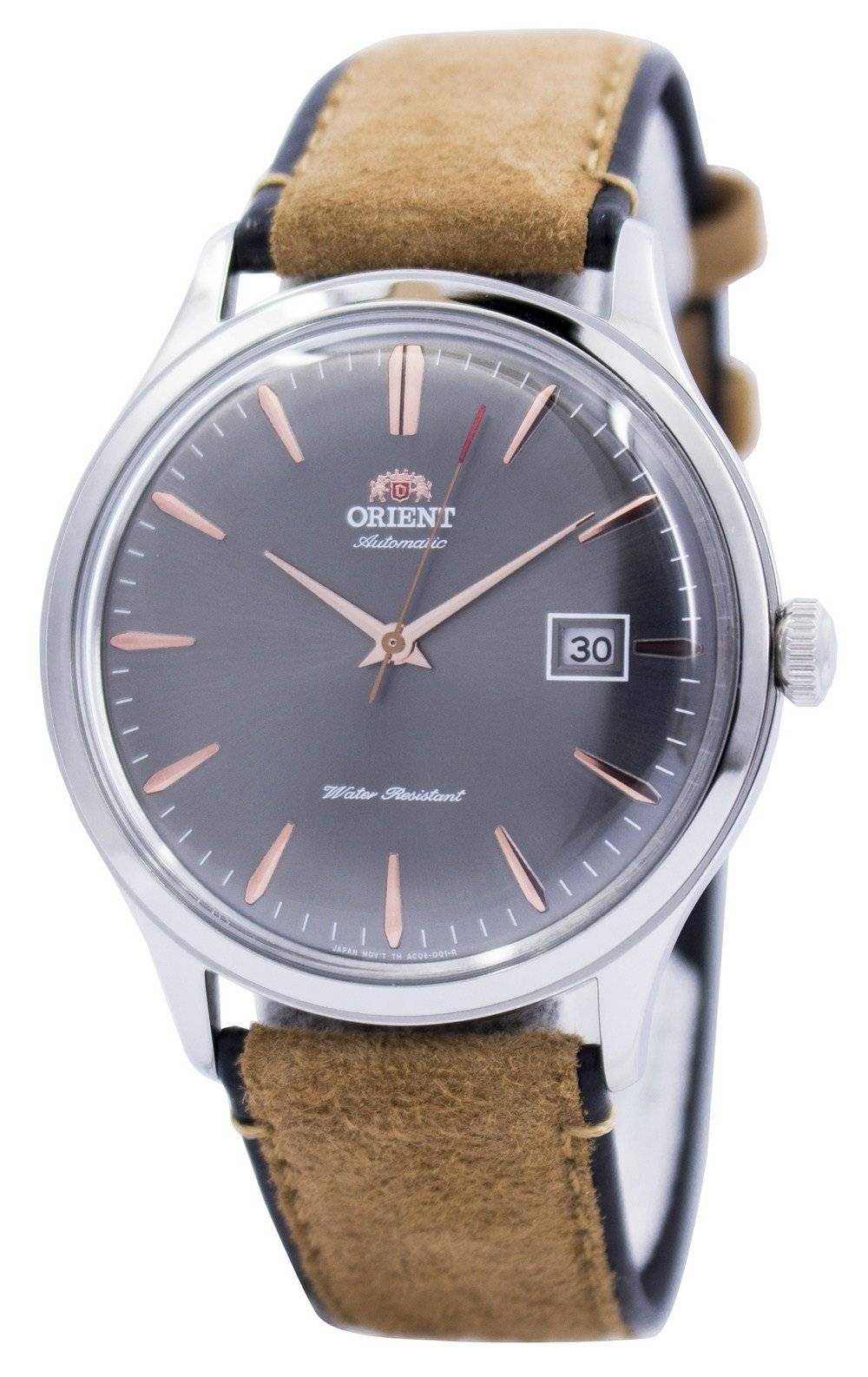 Orient Bambino Automatic movement White Leather Male FAC08003A0. A brand-new Orient Bambino watch featuring a White dial and a Leather strap. Side view.