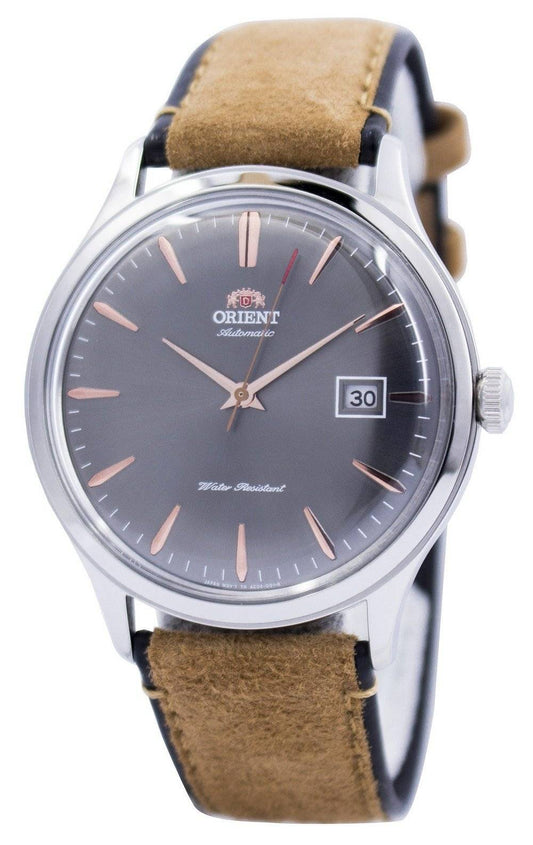 Orient Bambino Automatic movement White Leather Male FAC08003A0. A brand-new Orient Bambino watch featuring a White dial and a Leather strap. Side view.