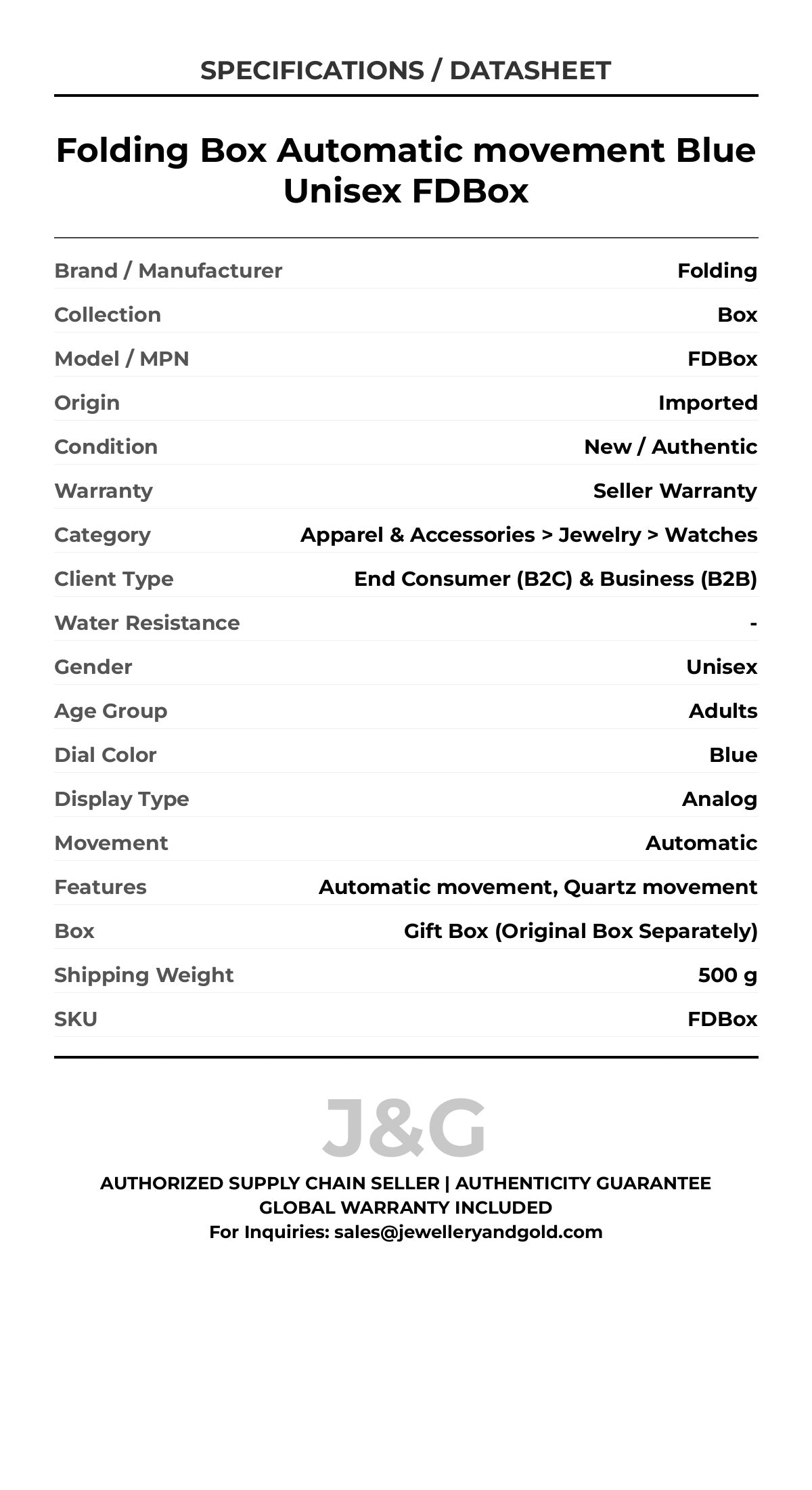 Folding Box Automatic movement Blue Unisex FDBox - Specifications