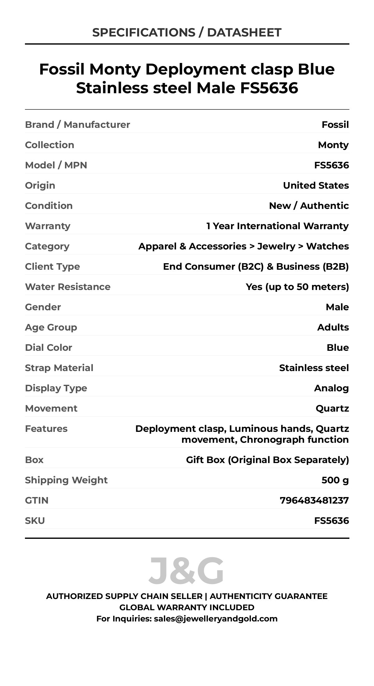 Fossil Monty Deployment clasp Blue Stainless steel Male FS5636 - Specifications