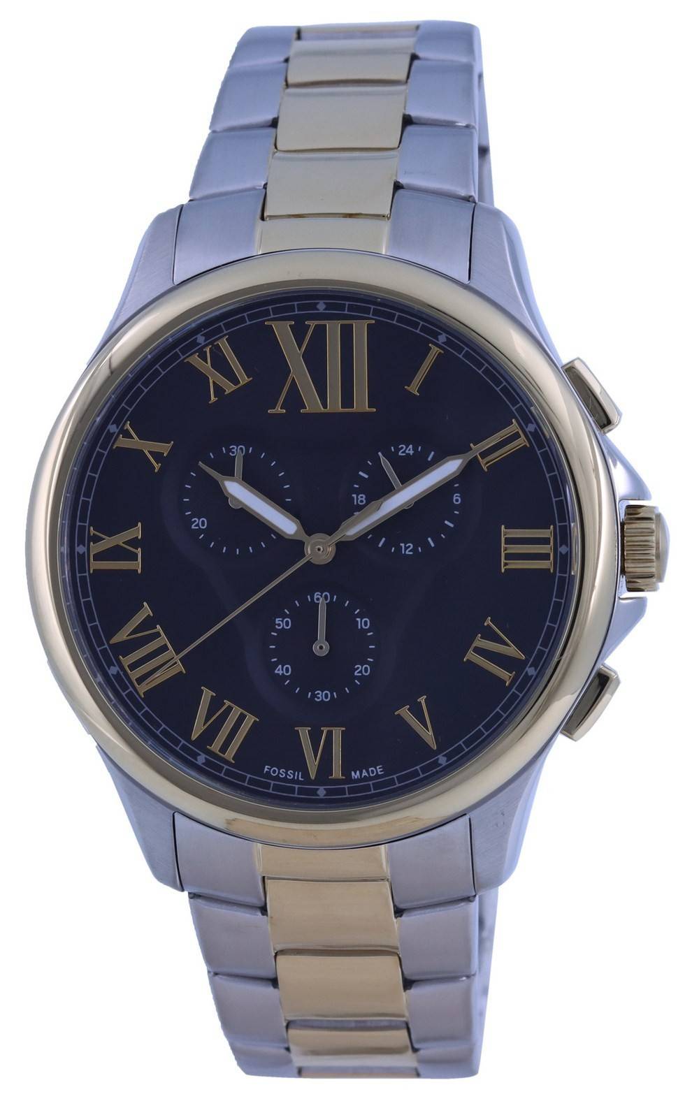 Fossil Monty Deployment clasp Blue Stainless steel Male FS5636. A brand-new Fossil Monty watch featuring a Blue dial and a Stainless steel strap. Side view.