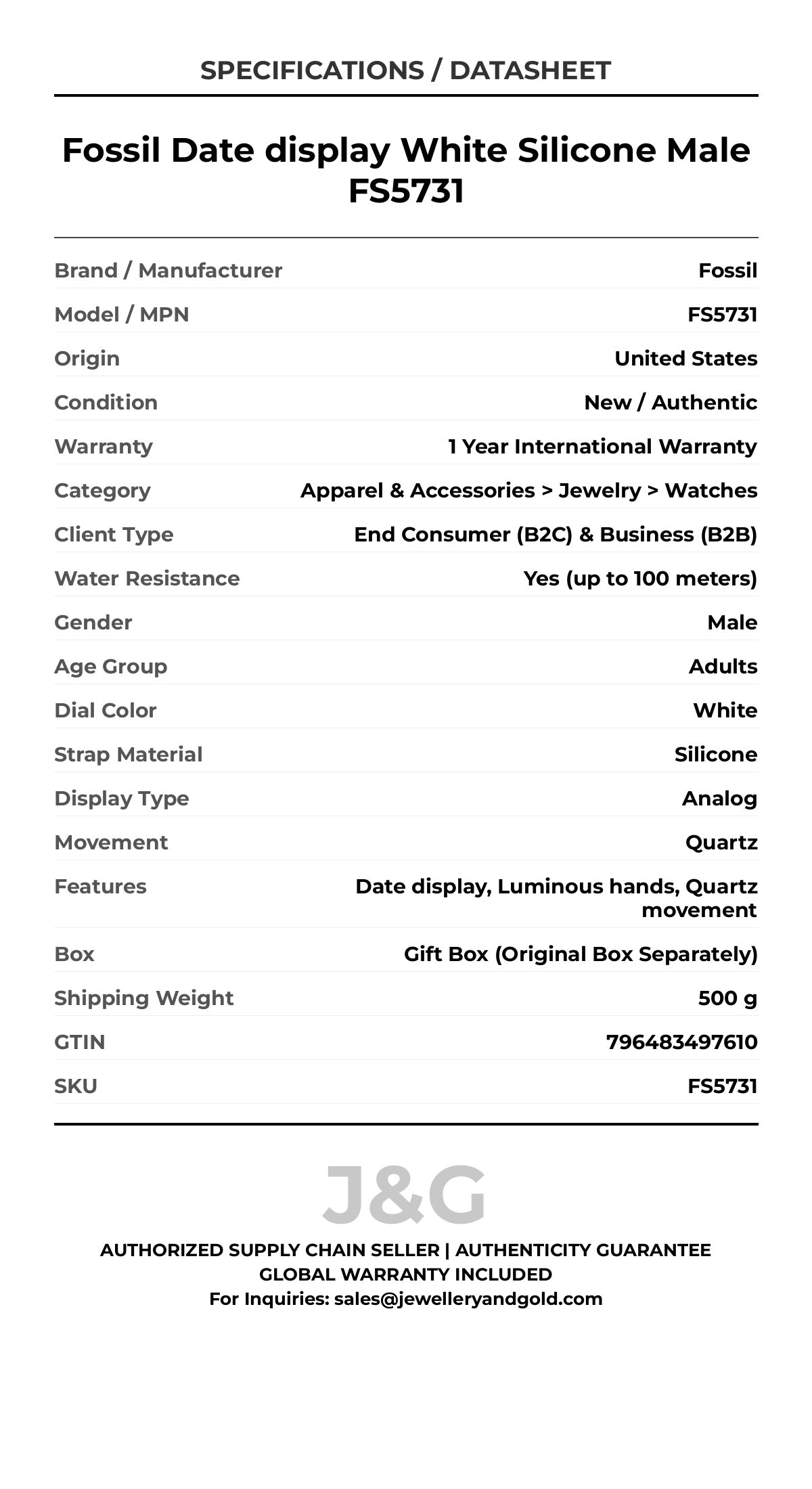 Fossil Date display White Silicone Male FS5731 - Specifications