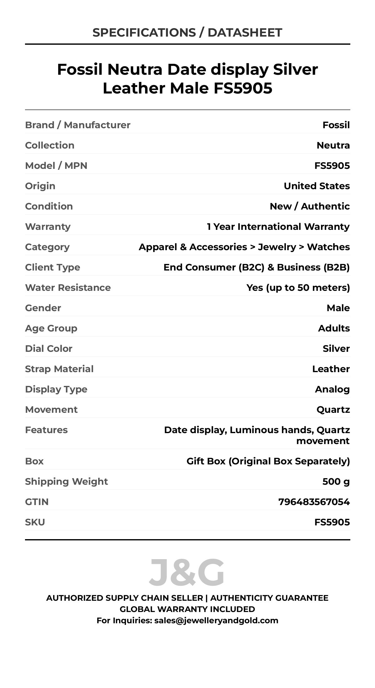 Fossil Neutra Date display Silver Leather Male FS5905 - Specifications