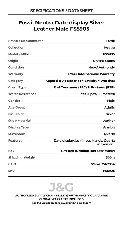 Fossil Neutra Date display Silver Leather Male FS5905 - Specifications